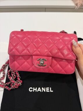 Authentic CHANEL Pink silver Quilted Leather Crossbody Bag with Chain Strap